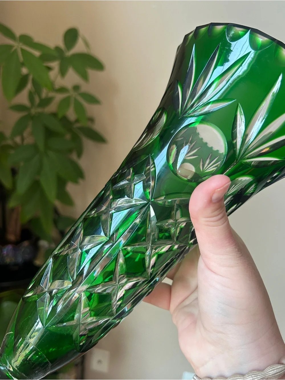 Vintage Imperial Hand Cut Emerald Glow Glass Vase German 1950s 10.5”